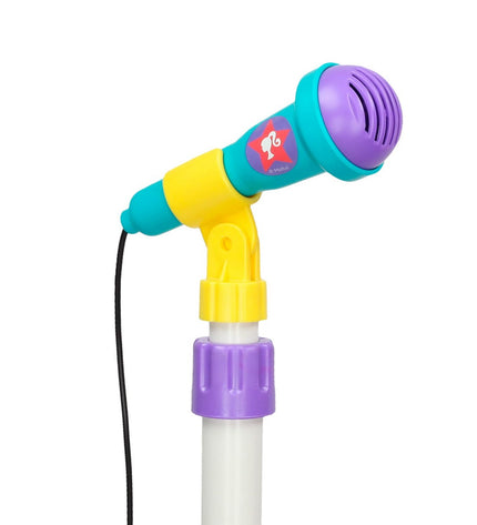 Barbie music set with toy microphone and small kid's guitar, colorful plastic musical instruments for children to play and pretend.