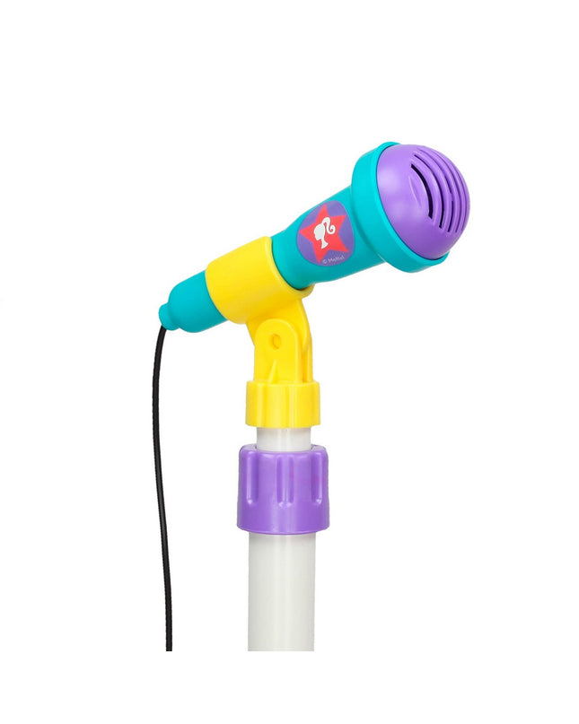 Barbie music set with toy microphone and small kid's guitar, colorful plastic musical instruments for children to play and pretend.
