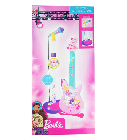 Barbie music set with toy microphone and mini guitar for kids, colorful play musical instruments for children.