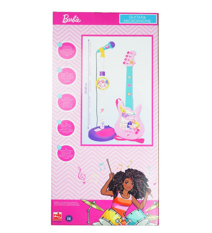 Barbie music set for kids with toy microphone and mini guitar, colorful play instruments for children’s musical fun.