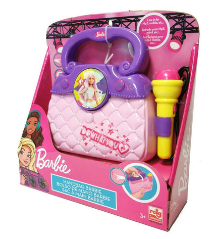 Purple Barbie Karaoke Handtas, electronic toy from Barbie's play and game collection, featuring colorful design and playful details.
