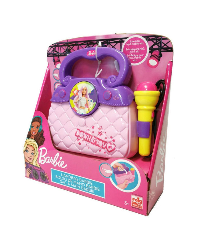Purple Barbie Karaoke Handtas, electronic toy from Barbie's play and game collection, featuring colorful design and playful details.
