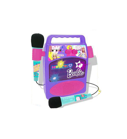 Barbie karaoke speaker with microphone toy, electronic playset for kids, featuring colorful design and Barbie branding.