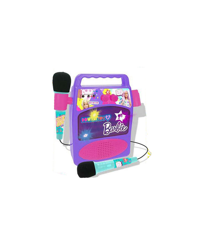 Barbie karaoke speaker with microphone toy, electronic playset for kids, featuring colorful design and Barbie branding.