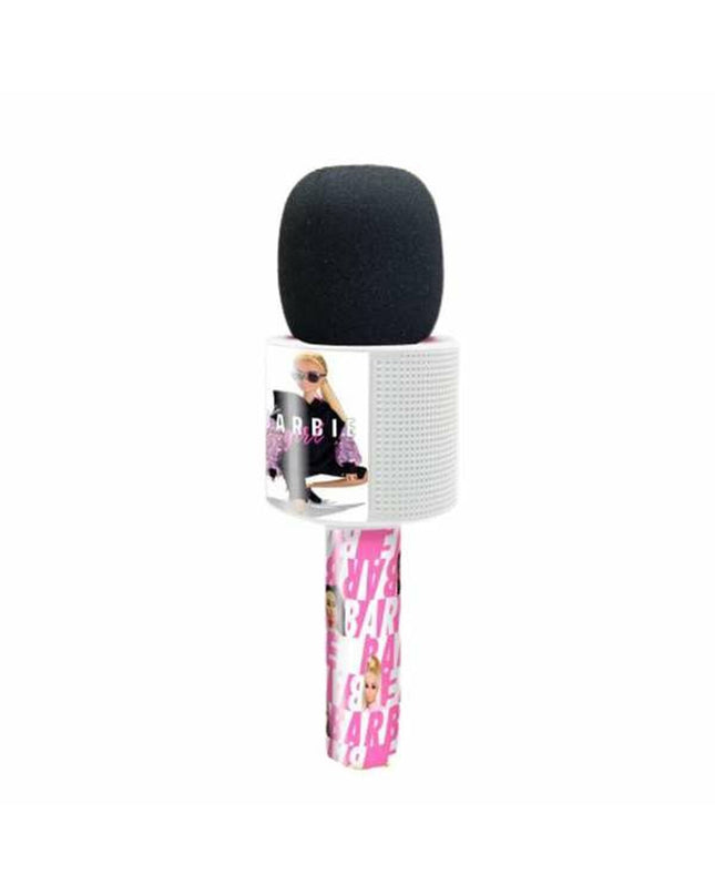 Barbie karaoke microphone toy with colorful buttons and microphone handle, designed for children's electronic play and entertainment.
