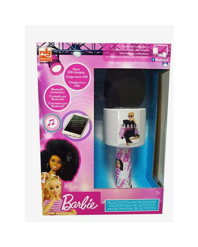 Barbie karaoke microphone toy for children, electronic toy and game, featuring colorful design and Barbie branding.