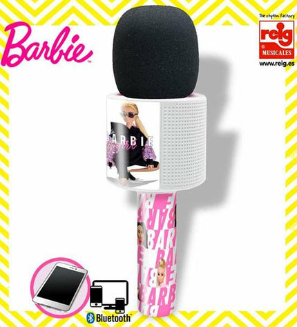 Barbie karaoke microphone toy, electronic toy for kids, pink microphone with Barbie branding and colorful design.