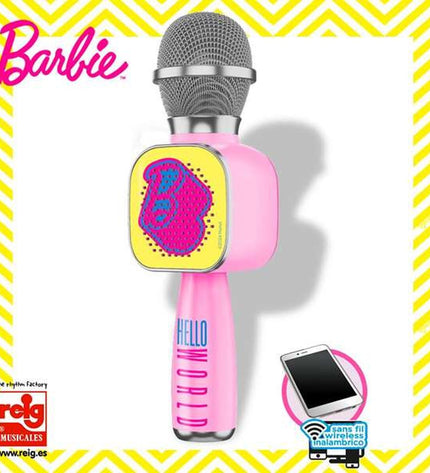 Barbie karaoke microphone toy, electronic children’s toy for singing and entertainment, featuring colorful design and Barbie branding.