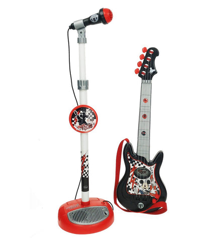 Mickey Mouse music set with toy microphone and children's guitar, colorful musical instrument toy for kids with Mickey Mouse branding.