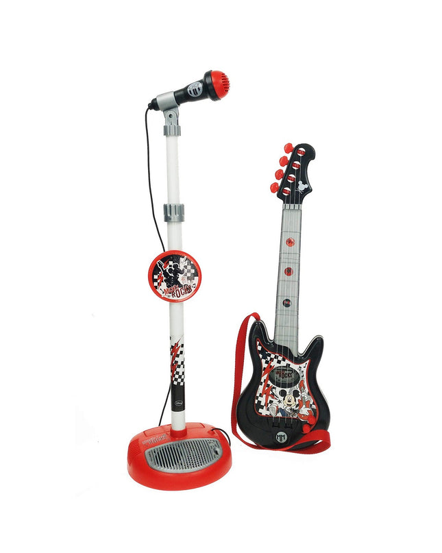 Mickey Mouse music set with toy microphone and children's guitar, colorful musical instrument toy for kids with Mickey Mouse branding.