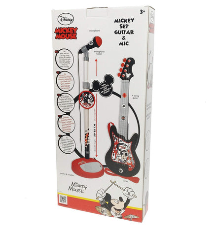 Mickey Mouse music set with toy microphone and small children's guitar for kids, featuring bright colors and playful design.