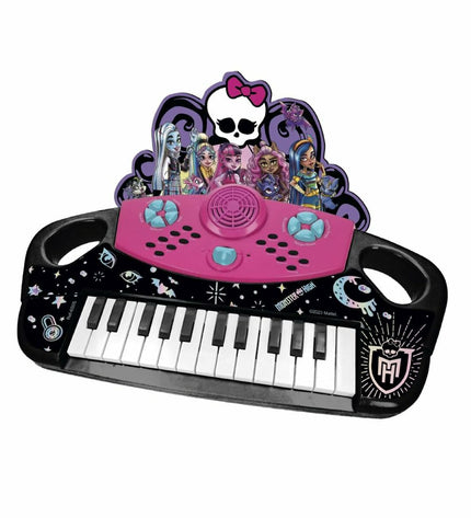 Monster High elektronische speelgoedpiano for kids, colorful musical instrument with monster-themed design and keys.