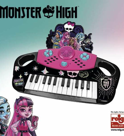 Monster High electronic toy piano for kids, colorful musical instrument with playful monster character design.