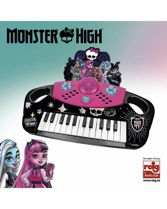 Monster High electronic toy piano for kids, colorful musical instrument with playful monster character design.