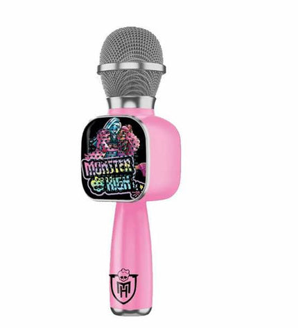 Monster High Bluetooth karaoke microphone toy with USB port, featuring colorful design and compact size for kids' electronic play.