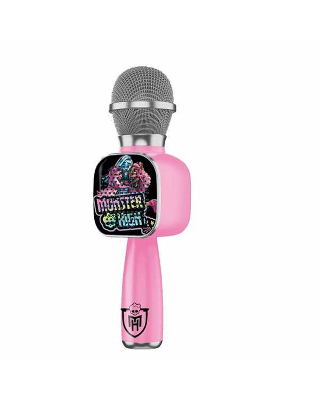 Monster High Bluetooth karaoke microphone toy with USB port, featuring colorful design and compact size for kids' electronic play.