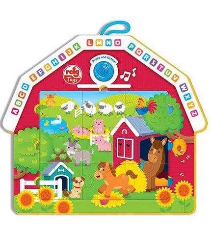 Reig Merry Farmhouse 9-piece musical puzzle toy for babies, colorful wooden playset for young children.