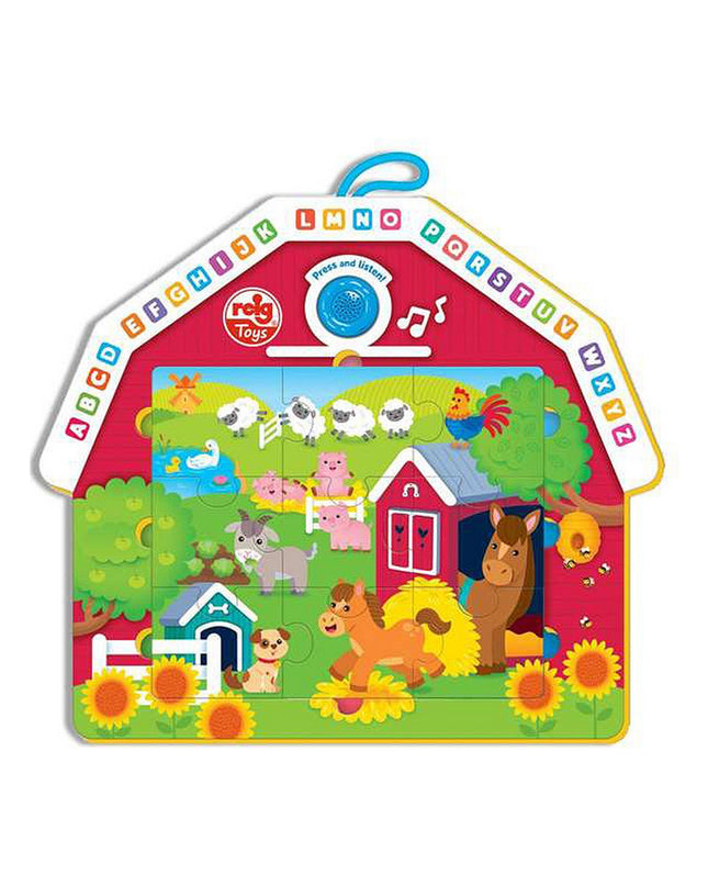 Reig Merry Farmhouse 9-piece musical puzzle toy for babies, colorful wooden playset for young children.