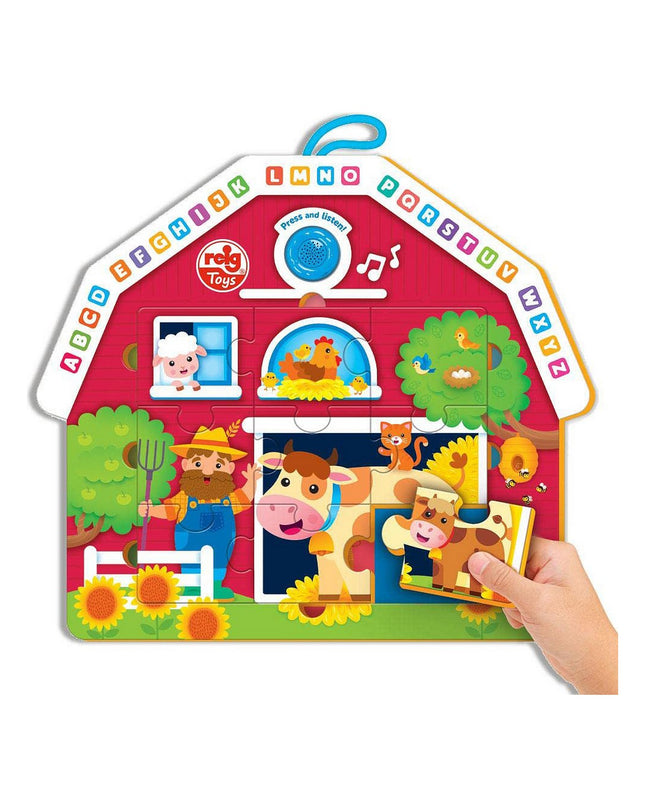 Reig Merry Farmhouse puzzle toy for babies with 9 musical pieces, colorful wooden baby toy for young children.