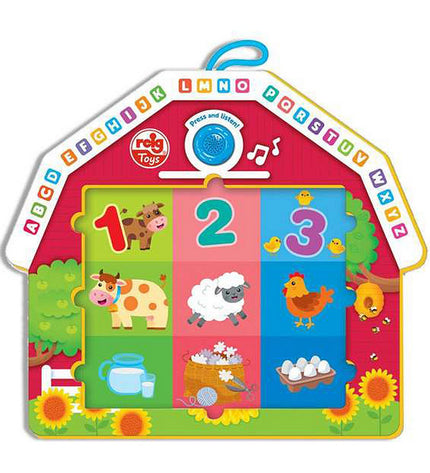Reig Merry Farmhouse 9-piece musical puzzle toy for babies, featuring colorful wooden farm animal pieces for young children.