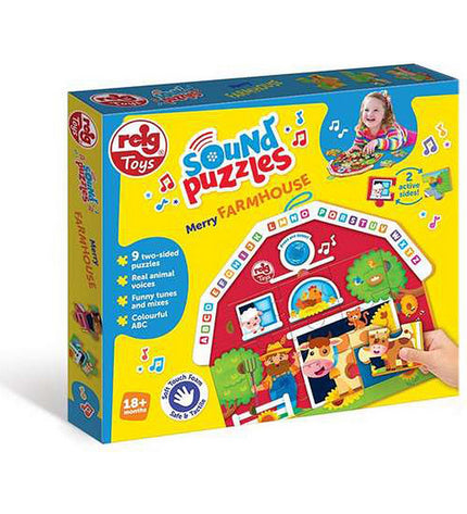 Reig Merry Farmhouse 9-piece musical puzzle toy for babies, colorful wooden toy designed for young children to play and learn.