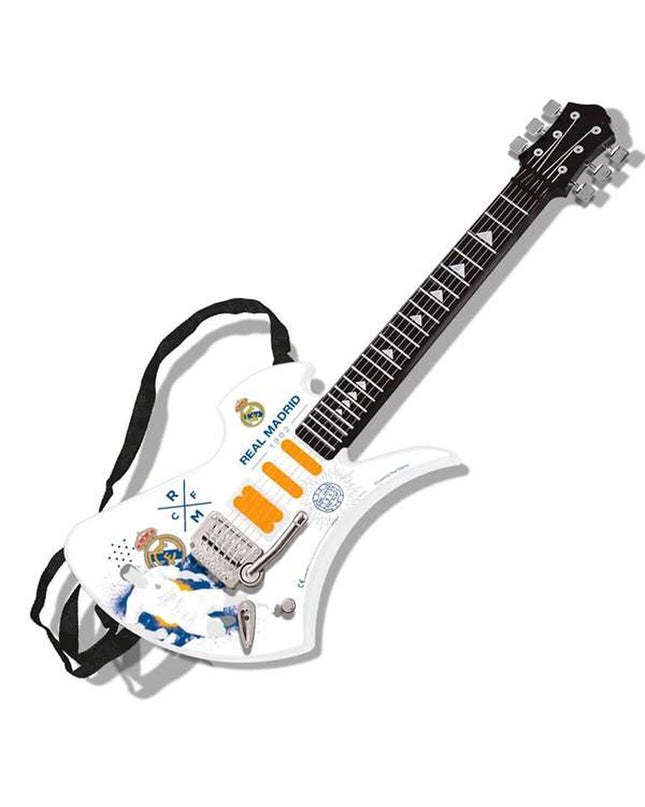 Real Madrid C.F. themed kindergarten guitar, a colorful toy musical instrument for children with team logo and design details.