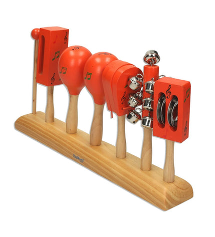 Colorful Reig musical set for kids with red wooden and plastic instruments, ideal for children's music play and learning.