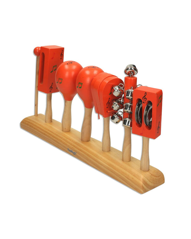 Colorful Reig musical set for kids with red wooden and plastic instruments, ideal for children's music play and learning.