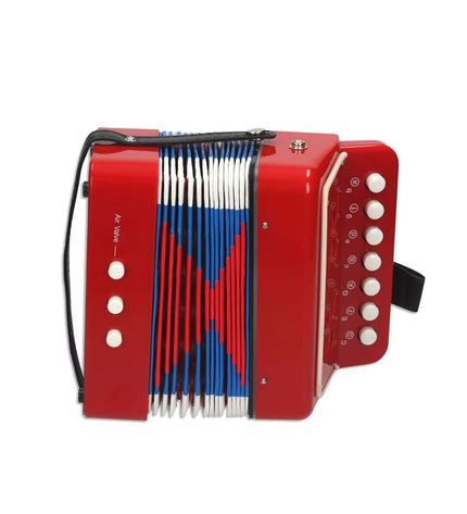 Reig children's accordion toy in red, a colorful musical instrument for kids, designed for playful music making and entertainment.