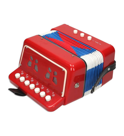 Reig children's accordion toy, colorful musical instrument for kids, featuring bright red and playful design.