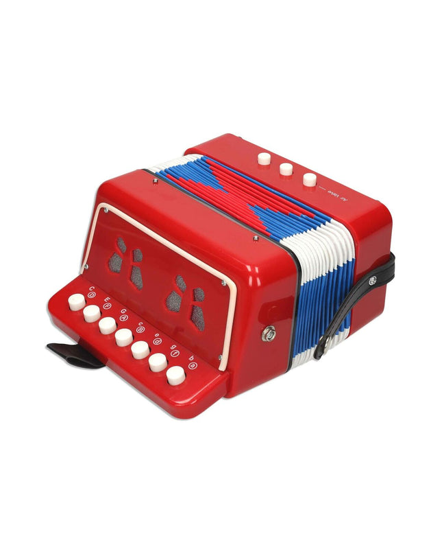 Reig children's accordion toy, colorful musical instrument for kids, featuring bright red and playful design.