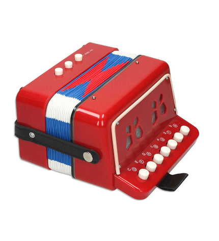 Colorful Reig children's accordion toy, a musical instrument for kids with red and blue keys and a compact design.