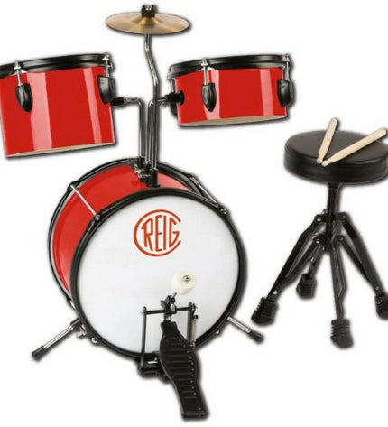 Reig plastic toy drums for children, colorful percussion instruments with drumsticks, designed for kids' musical play and entertainment.