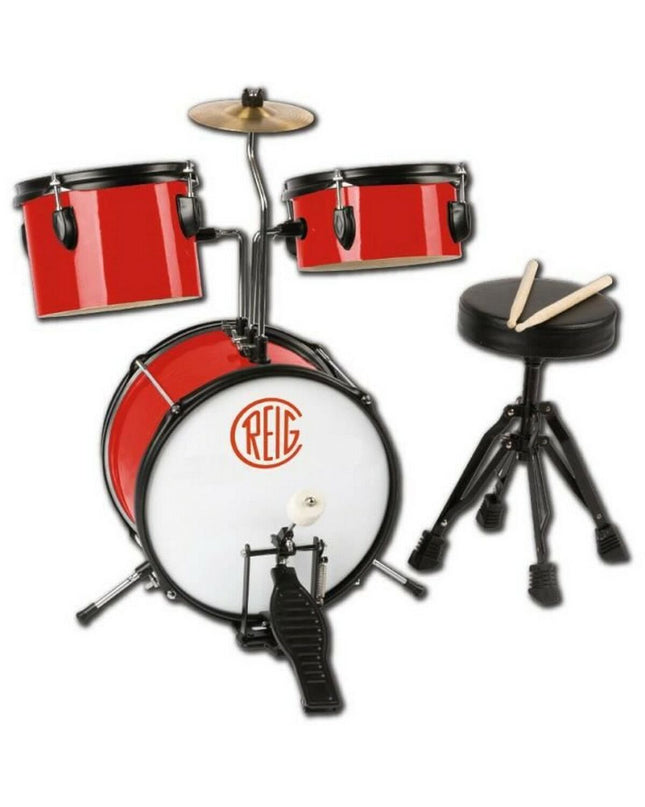 Reig plastic toy drums for children, colorful percussion instruments with drumsticks, designed for kids' musical play and entertainment.