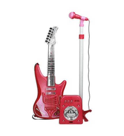 Red Reig Kindergitaar with built-in microphone, colorful toy musical instrument for children, ideal for play and learning music.