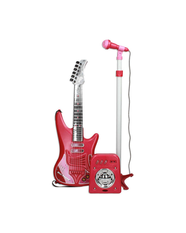 Red Reig Kindergitaar with built-in microphone, colorful toy musical instrument for children, ideal for play and learning music.