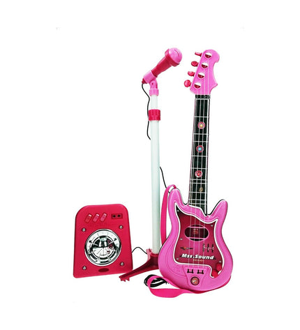 Pink Reig Kindergitaar with built-in microphone, toy musical instrument for children, colorful and playful design.