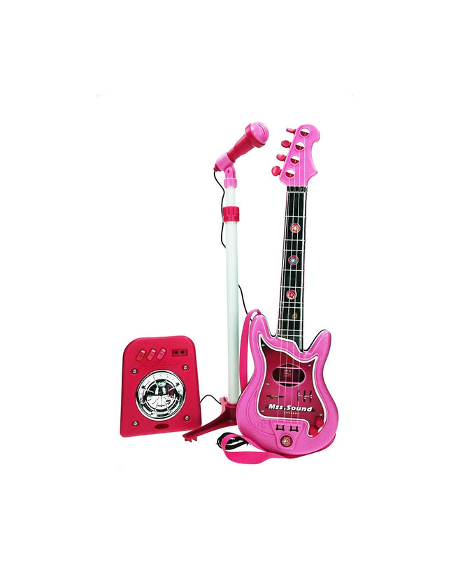 Pink Reig Kindergitaar with built-in microphone, toy musical instrument for children, colorful and playful design.