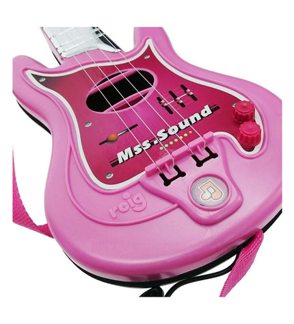 Pink Reig Toy Guitar with Microphone for kids, colorful musical instrument ideal for children's play and musical fun.