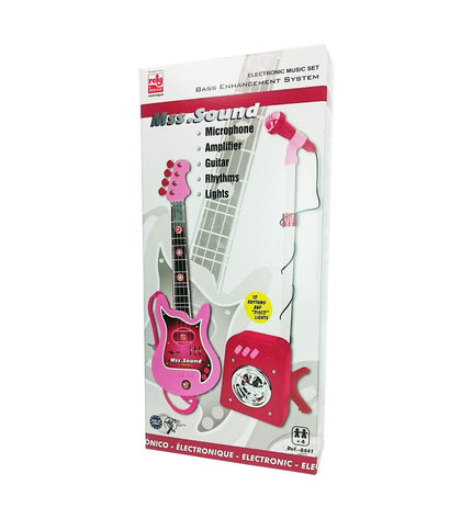 Pink Reig Kid Guitar with Microphone toy, colorful children's musical instrument for play and learning.