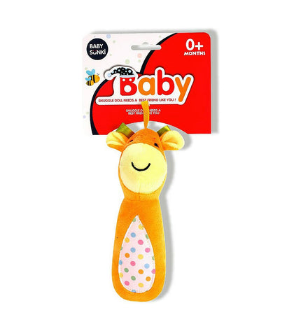 Soft rattlesqueaky giraffe toy for babies, 20 cm long, made by Reig, featuring a gentle rattling sound and colorful plush texture.