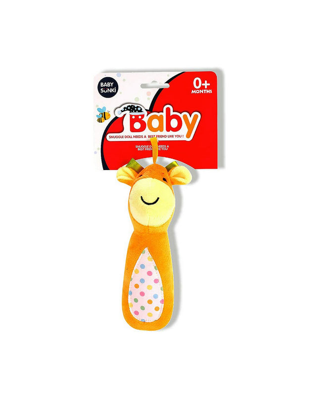 Soft rattlesqueaky giraffe toy for babies, 20 cm long, made by Reig, featuring a gentle rattling sound and colorful plush texture.