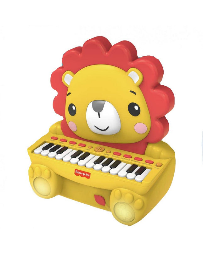 Fisher-Price elektronische speelgoedpiano Leeuw, kleurrijk kinder muziekinstrument met kleurrijke toetsen en leeuwenkop design.