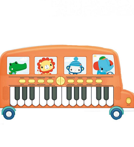 Fisher-Price electronic toy piano bus for children with colorful buttons and musical keys, designed for playful learning.