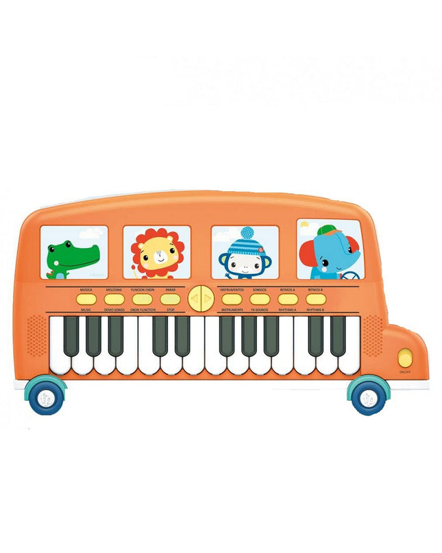 Fisher-Price electronic toy piano bus for children with colorful buttons and musical keys, designed for playful learning.