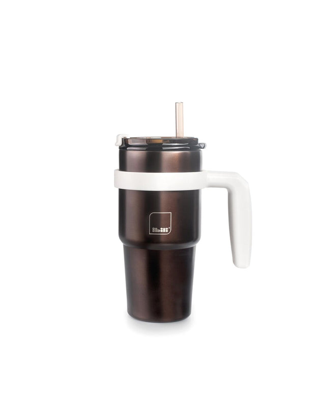 Ibili thermal mug with lid in gray stainless steel, ideal for outdoor sports, camping, and hiking.