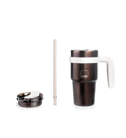 Ibili thermische beker with lid in gray stainless steel for outdoor activities, camping, and hiking, showing the sleek design.