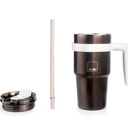 Ibili thermal mug with lid in stainless steel, gray color, suitable for outdoor activities like camping and hiking.