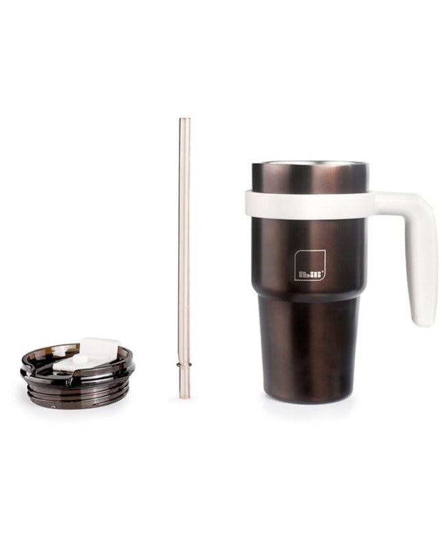 Ibili thermal mug with lid in stainless steel, gray color, suitable for outdoor activities like camping and hiking.