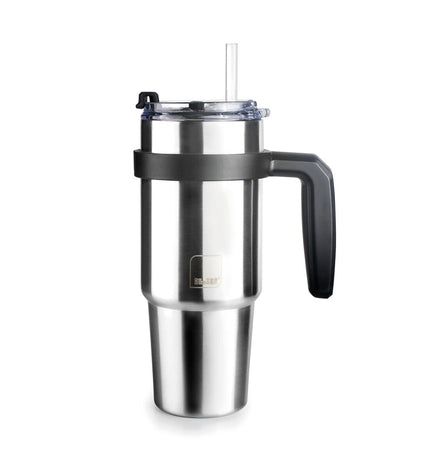 Gray stainless steel Ibili thermal mug with lid, 580 ml, suitable for outdoor activities like camping and hiking.